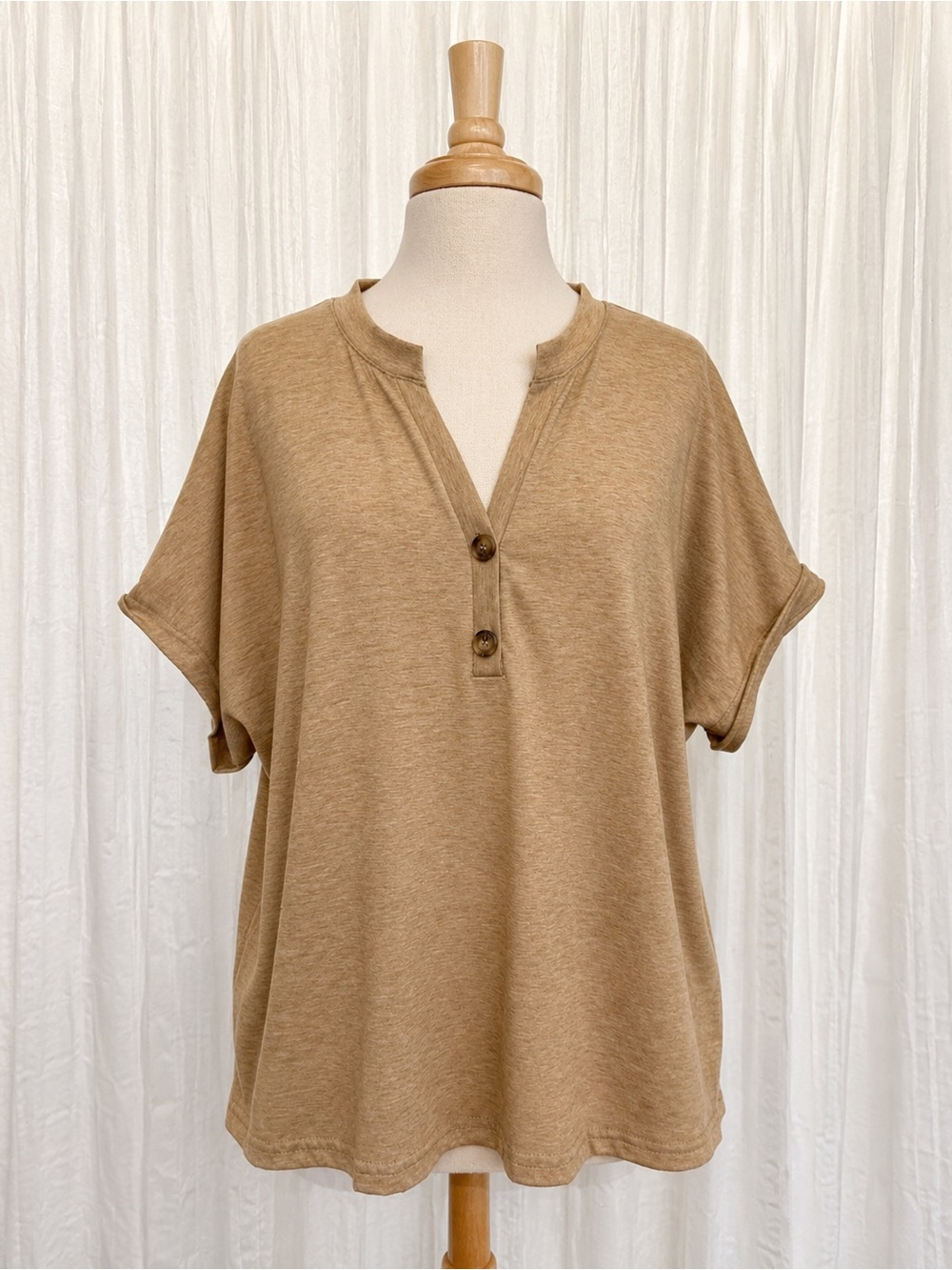 Casual Henley Super Soft Short Sleeve Top - Tan